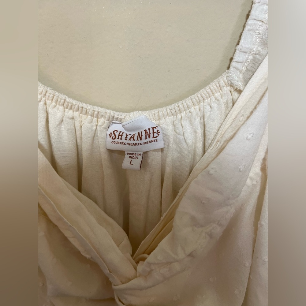 New L SHYANNE Smocked Twist Front Short Sleeve Midi High Low Cotton Cream Dress - Picture 12 of 16